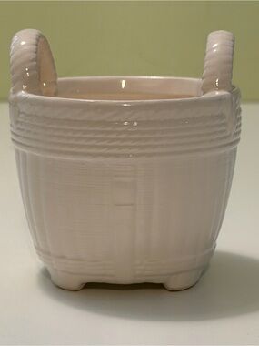 Vtg 1981 Nancy Lopez Ceramic Basket Weave Planter, White Glazed Art Pottery